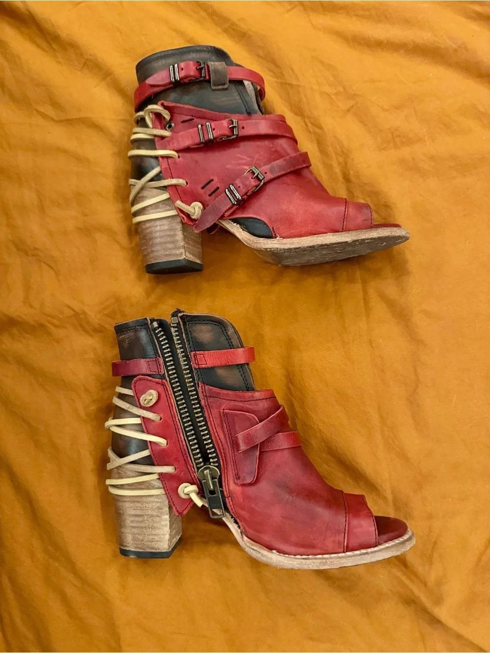 Freebird by Steven Red and Cream Open-Toe Strappy Ankle Booties - Picture 6 of 9